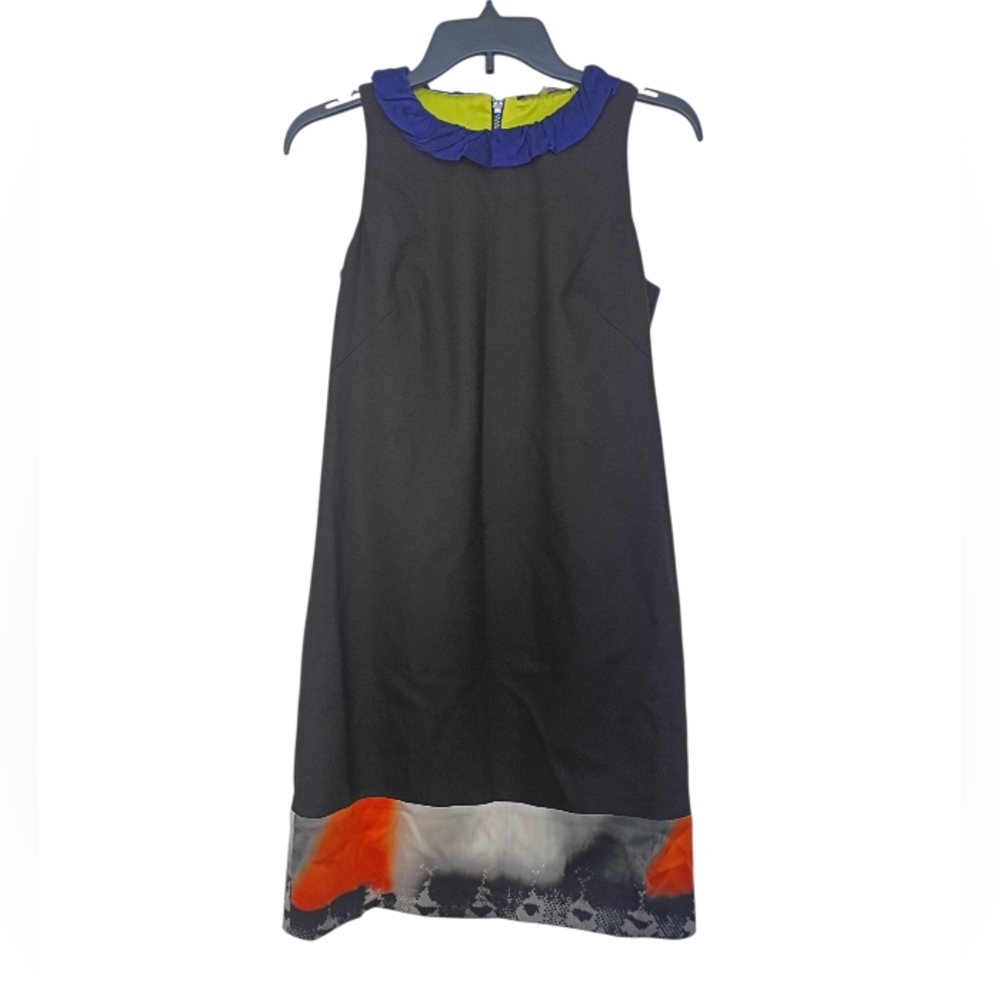 Elie Tahari Black Shift Dress with Blue Ruffle Neckline and Orange Accent Hem